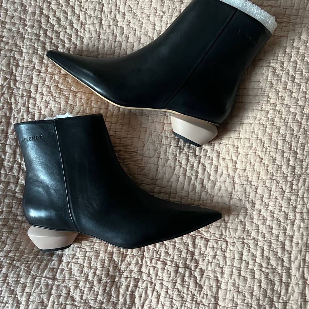 Out of Box— leather  booties with Geometric Heel